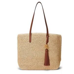 Lauren Ralph Whitney Paper Straw Crochet Tote Bag with Tassel - OS